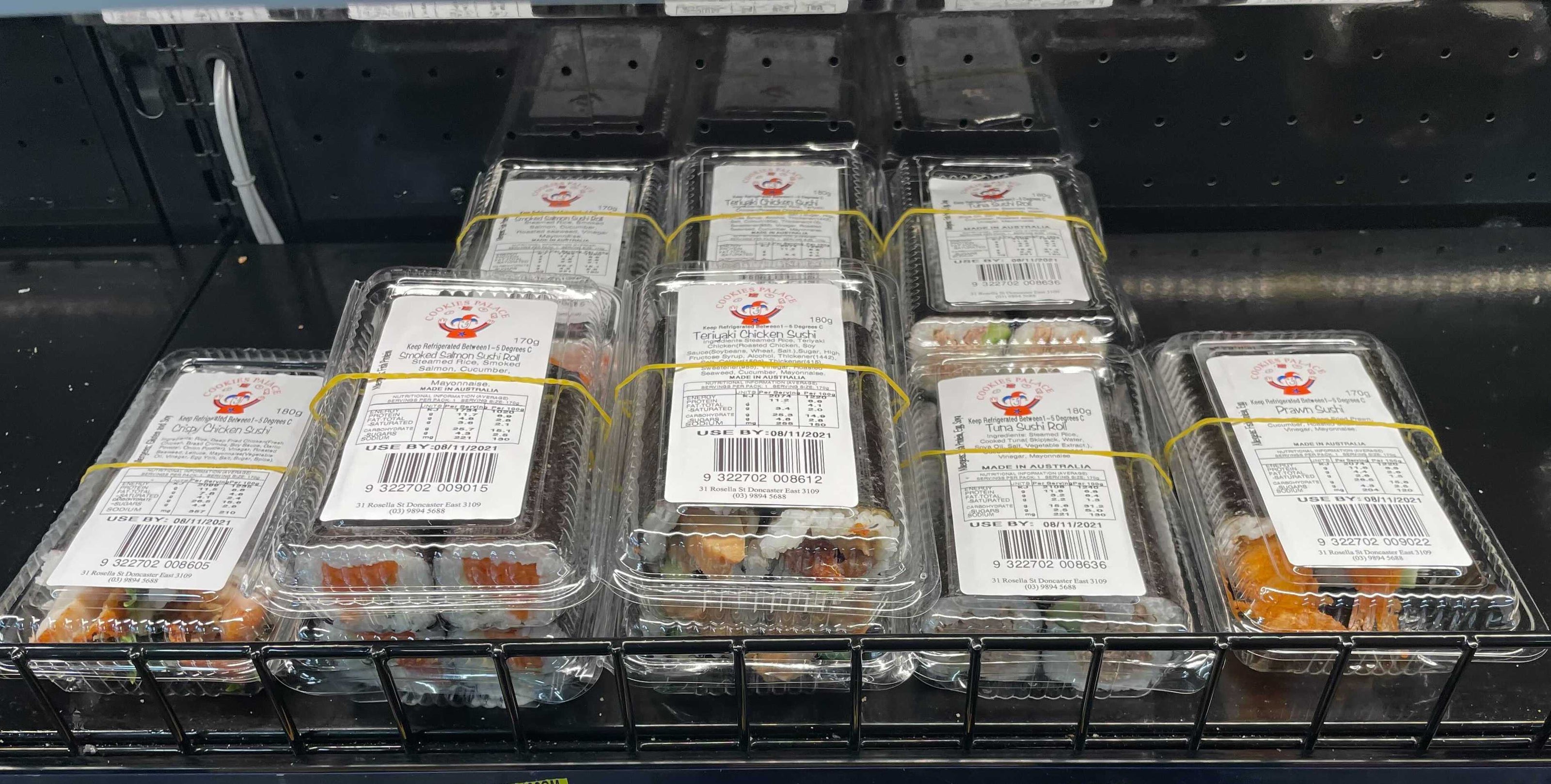 assorted-smoked-salmon-crispy-chicken-crispy-prawn-teriyaki-chicken-cooked-tuna-sushi-rolls-pre-packed-barcoded-labelled-retail-shelf